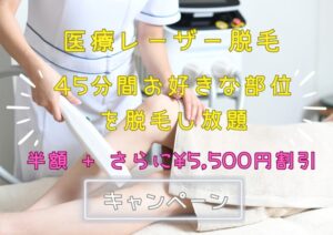 医療レーザー脱毛「45分間」お好きな部位を脱毛し放題キャンペーン（44,000円 → 半額 22,000円、さらに今だけ 5,000円引きの17,000円（税込））